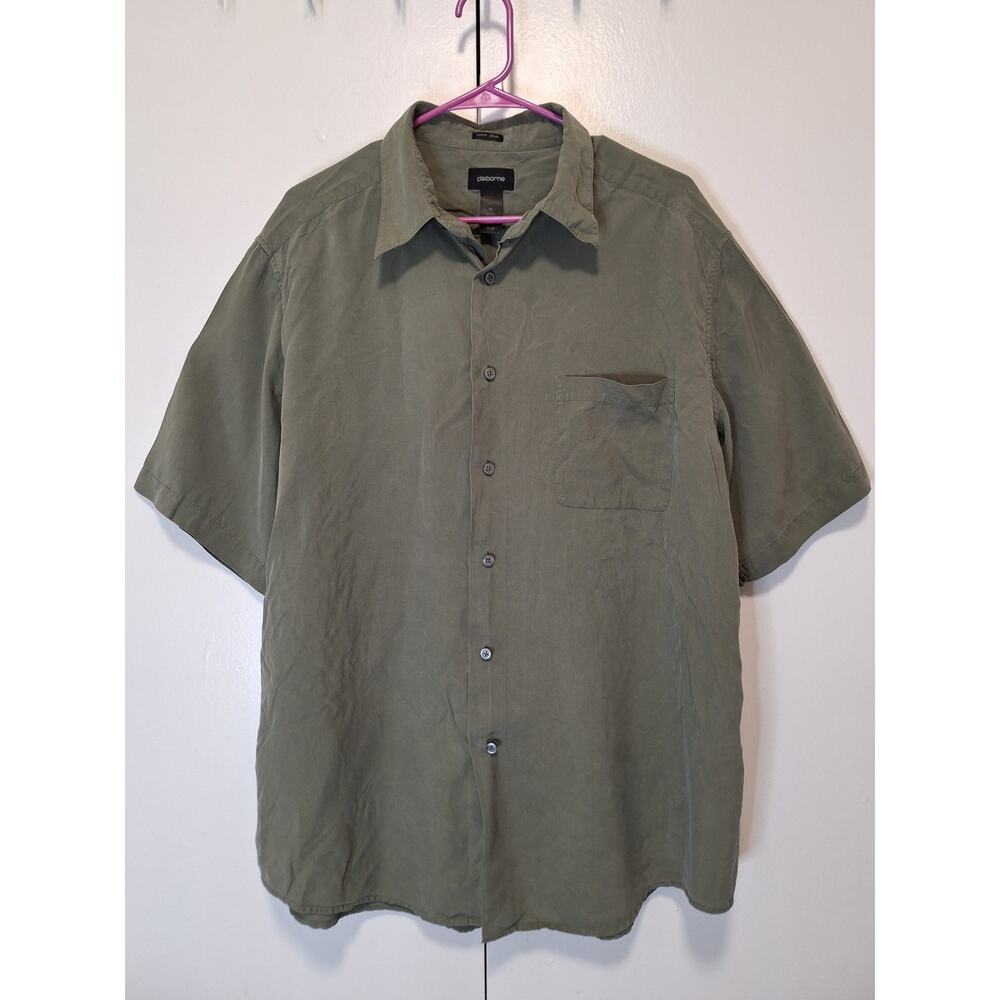 Clairborne Mens Silk Button Up Short Sleeve Shirt Olive Green Size XL